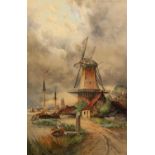 LOUIS VAN STAATEN (1836-1909) WATERCOLOUR Dutch riverside scene with barges and windmill Signed