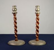 PAIR OF OAK AND HOMELAND PLANISHED PEWTER TABLE CANDLESTICKS, each of barley twist form with