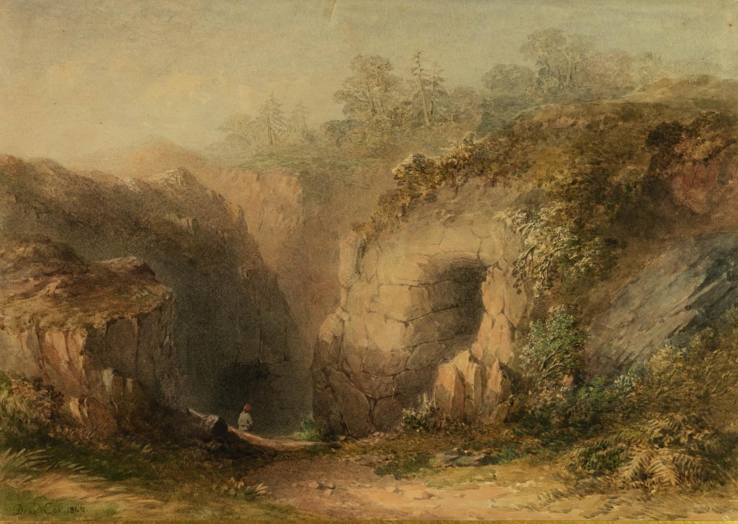DAVID COX JUNIOR (1908-1885)  WATERCOLOUR  A figure at the entrance to a ravine, signed and dated