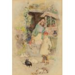 DAVID WOODLOCK (1842 - 1929) WATERCOLOUR DRAWING, VIGNETTE A mother and two children before a
