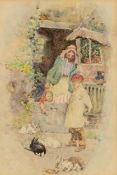 DAVID WOODLOCK (1842 - 1929) WATERCOLOUR DRAWING, VIGNETTE A mother and two children before a