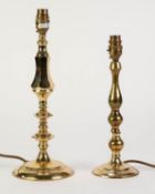 TWO MODERN BRASS TABLE LAMP BASES, each with circular base, 14 ½? (36.8cm) and smaller, together