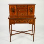 EDWARDIAN SATINWOOD AND FLORAL PAINTED LADY?S WRITING TABLE, the top section with a central bank