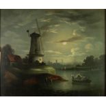 MANNER OF SEBASTIAN PETHER OIL ON RELINED CANVAS  Moonlit river landscape with windmill and