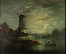 MANNER OF SEBASTIAN PETHER OIL ON RELINED CANVAS  Moonlit river landscape with windmill and