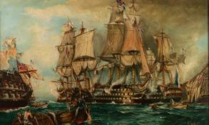 F. SMITH (TWENTIETH CENTURY)  OIL PAINTING ON BOARD 'Battle of Trafalgar Oct 21st 1805' Signed lower