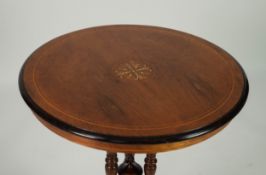 GOOD EDWARDIAN INLAID ROSEWOOD OCCASIONAL TABLE, the moulded circular top with central scrollwork