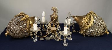 TWENTIETH CENTURY GILT METAL AND CUT GLASS FOUR LIGHT SMALL ELECTROLIER, with vase shaped column and