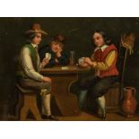 NINETEENTH CENTURY OIL PAINTING ON COPPER  Tavern scene with two men playing cards and one man