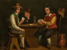 NINETEENTH CENTURY OIL PAINTING ON COPPER  Tavern scene with two men playing cards and one man