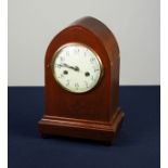 EARLY TWENTIETH CENTURY MAHOGANY LANCET CASED MANTEL CLOCK, with 8 days movement striking on a