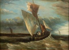 TAYLOR (Nineteenth Century)  OIL PAINTING ON RELINED CANVAS  Figures in a sailing boat caught in a