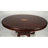 MID VICTORIAN INLAID BURR WALNUT AND ROSEWOOD OVAL BREAKFAST TABLE, the crossbanded, tilt-top with