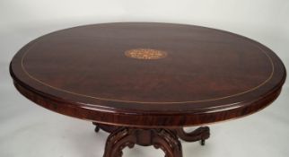 MID VICTORIAN INLAID BURR WALNUT AND ROSEWOOD OVAL BREAKFAST TABLE, the crossbanded, tilt-top with