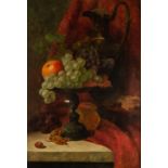W.J. WEBB  OIL ON RELINED CANVAS  Still life of grapes, apples and hazelnuts, with a bronze tazza