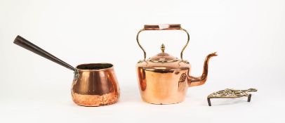 ANTIQUE SEAMED COPPER TEA KETTLE, together with a COPPER SAUCEPAN WITH CAST IRON LONG HANDLE,