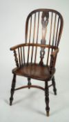 NINETEENTH CENTURY ELM HIGH BACK WINDSOR OPEN ARMCHAIR, of typical form with pierced two part
