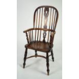 NINETEENTH CENTURY ELM HIGH BACK WINDSOR OPEN ARMCHAIR, of typical form with pierced two part