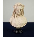 AFTER RAFFAELLE MONTI, ITALIAN WHITE RECONSTITUTED MARBLE FEMALE BUST, ?THE VEILED BRIDE?, on