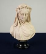 AFTER RAFFAELLE MONTI, ITALIAN WHITE RECONSTITUTED MARBLE FEMALE BUST, ?THE VEILED BRIDE?, on