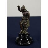 19th CENTURY SMALL BRONZE FIGURE OF A CLASSICAL MAIDEN, seated holding aloft a lamp, probably