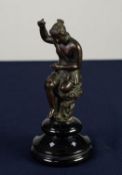 19th CENTURY SMALL BRONZE FIGURE OF A CLASSICAL MAIDEN, seated holding aloft a lamp, probably