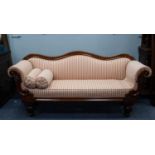 VICTORIAN MAHOGANY DOUBLE ENDED SOFA, the moulded show wood frame with wavy back above a pair of