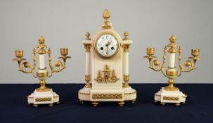 LATE NINETEENTH CENTURY FRENCH GILT METAL MOUNTED WHITE MARBLE THREE PIECE CLOCK GARNITURE, the
