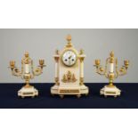 LATE NINETEENTH CENTURY FRENCH GILT METAL MOUNTED WHITE MARBLE THREE PIECE CLOCK GARNITURE, the