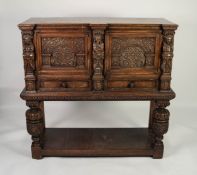 GOOD QUALITY REPRODUCTION CARVED OAK COURT CUPBOARD IN THE SEVENTEENTH CENTURY STYLE, the shaped