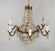 TWENTIETH CENTURY GILT METAL AND CUT GLASS SIX BRANCH TENT AND WATERFALL ELECTROLIER, 26? (66cm)