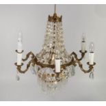 TWENTIETH CENTURY GILT METAL AND CUT GLASS SIX BRANCH TENT AND WATERFALL ELECTROLIER, 26? (66cm)