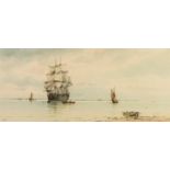 ALBERT ERNEST MARKES (1865 - 1901) WATERCOLOUR DRAWING A three-masted sailing ship becalmed in still