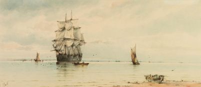 ALBERT ERNEST MARKES (1865 - 1901) WATERCOLOUR DRAWING A three-masted sailing ship becalmed in still