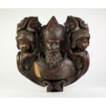 NINETEENTH CENTURY CONTINENTAL CARVED OAK FIGURAL WALL PLAQUE, carved in high relief with the bust