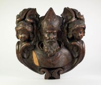 NINETEENTH CENTURY CONTINENTAL CARVED OAK FIGURAL WALL PLAQUE, carved in high relief with the bust