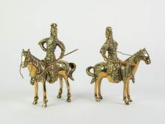 PAIR OF ORIENTAL BRASS FIGURES OF EQUESTRIAN WARRIORS, each modelled holding a weapon, removable,