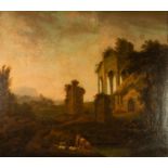 BRITISH SCHOOL (circa 1800) OIL PAINTING ON RE-LINED CANVAS Landscape with Abbey ruins and
