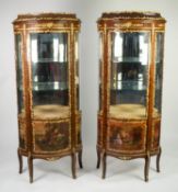 PAIR OF FRENCH STYLE GILT METAL MOUNTED MAHOGANY AND ?VERNIS MARTIN? BOW FRONTED VITRINES, each with