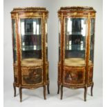 PAIR OF FRENCH STYLE GILT METAL MOUNTED MAHOGANY AND ?VERNIS MARTIN? BOW FRONTED VITRINES, each with
