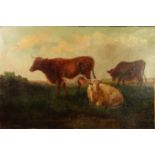 ENGLISH SCHOOL (NINETEENTH CENTURY)  OIL ON CANVAS Three cows standing and at rest in a landscape