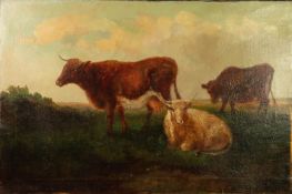 ENGLISH SCHOOL (NINETEENTH CENTURY)  OIL ON CANVAS Three cows standing and at rest in a landscape