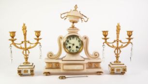 LATE NINETEENTH CENTURY FRENCH GILT METAL MOUNTED WHITE ALABASTER MATCHED THREE PIECE CLOCK