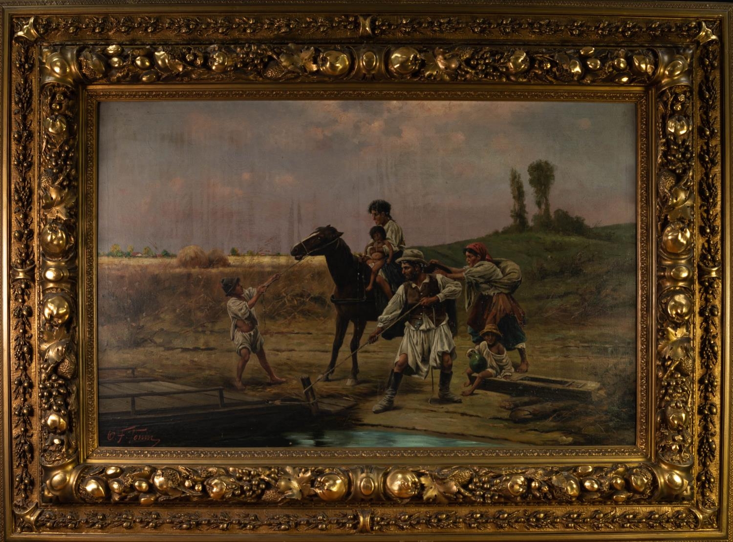O.F. TONIN  OIL PAINTING ON CANVAS  European landscape with a family, two adults and three - Image 2 of 2