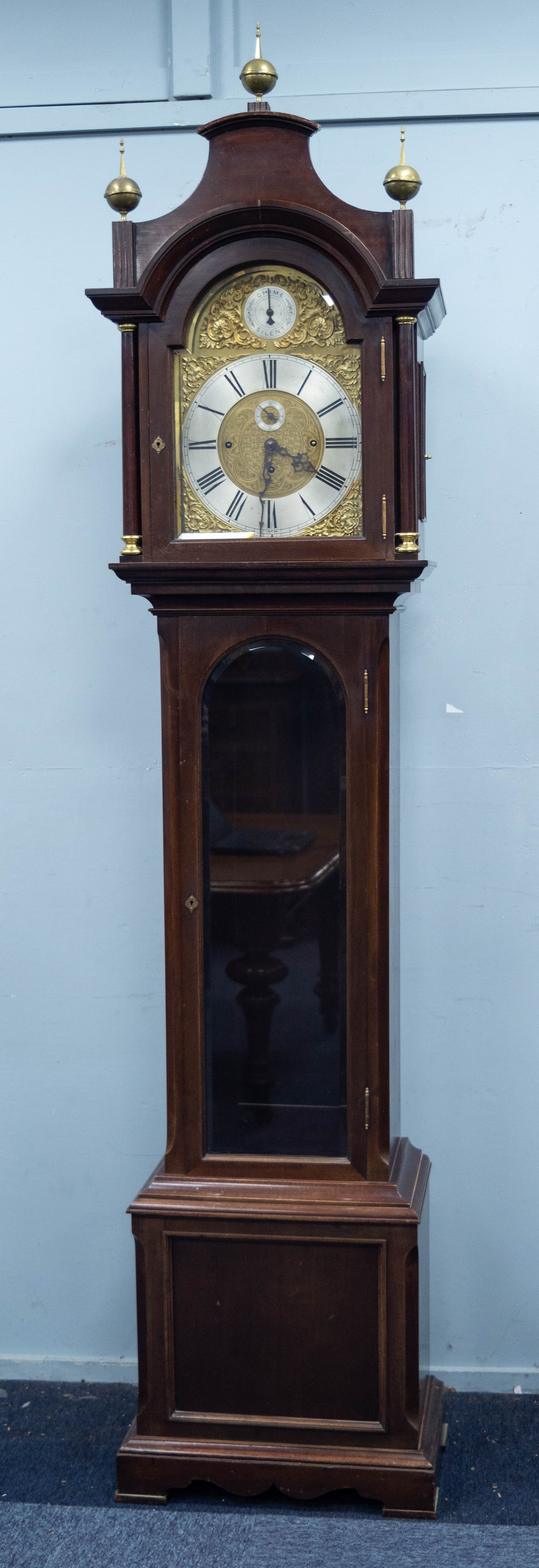 EARLY TWENTIETH CENTURY MAHOGANY MUSICAL LONGCASE CLOCK, the 12 ¼? brass dial with silvered
