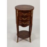MODERN FRENCH MARQUETRY INLAID AND GILT METAL MOUNTED DRUM SHAPED OCCASIONAL, the crossbanded top