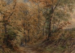 GEORGINA M. STEEPLE (NINETEENTH CENTURY) WATERCOLOUR Two figures on a wooded country path Signed and
