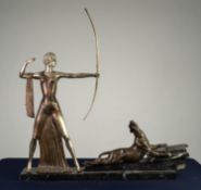 CONTINENTAL ART DECO SILVERED AND PATINATED BRONZE GROUP OF DIANA THE HUNTRESS, she modelled