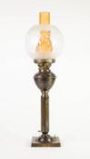 MODERN OIL LAMP PATTERN ELECTRIC TABLE LAMP, of typical form with oxidised cylindrical column,