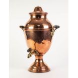 NINETEENTH CENTURY COPPER AND BRASS TWO HANDLED PEDESTAL TEA URN, of slender ovoid form with